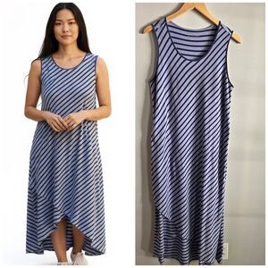Soft Surroundings Blue Striped Asymmetrical Hem Sleeveless Midi Dress M